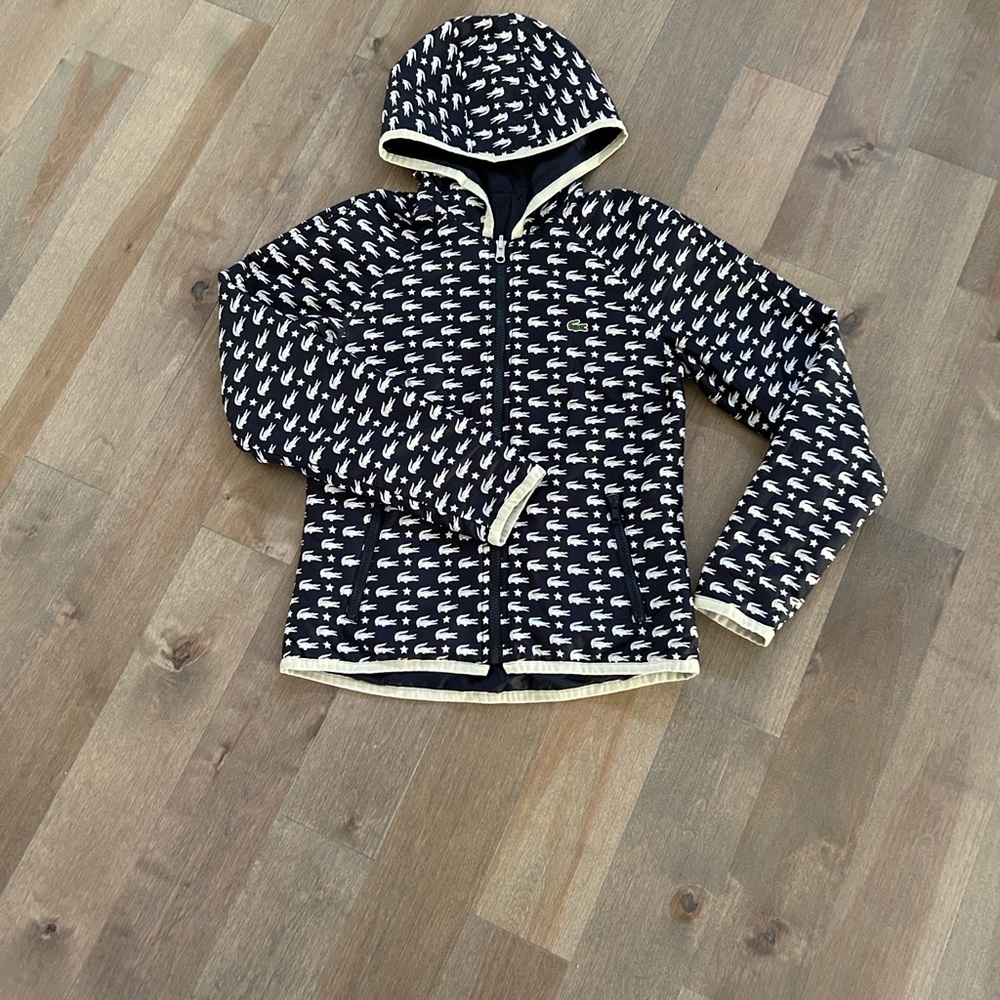 Lacoste Women XS reversable rain jacket Navy  White Alligator Hooded Jacket